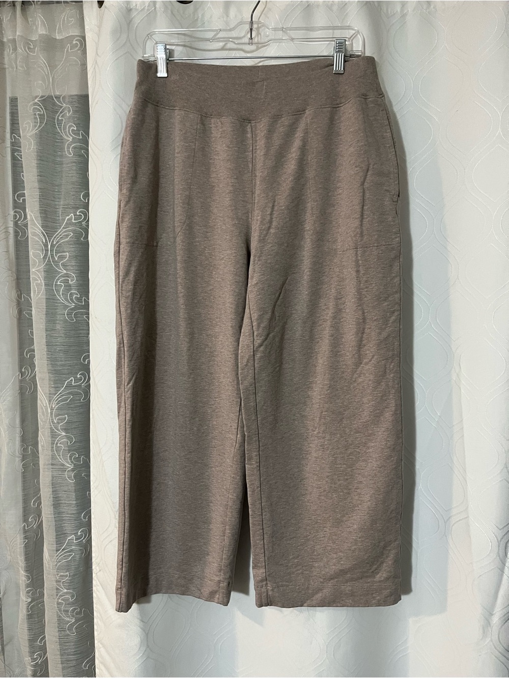 24/7 by Soma Women's Wide-Leg Knit Crop lounge Pants in Taupe.